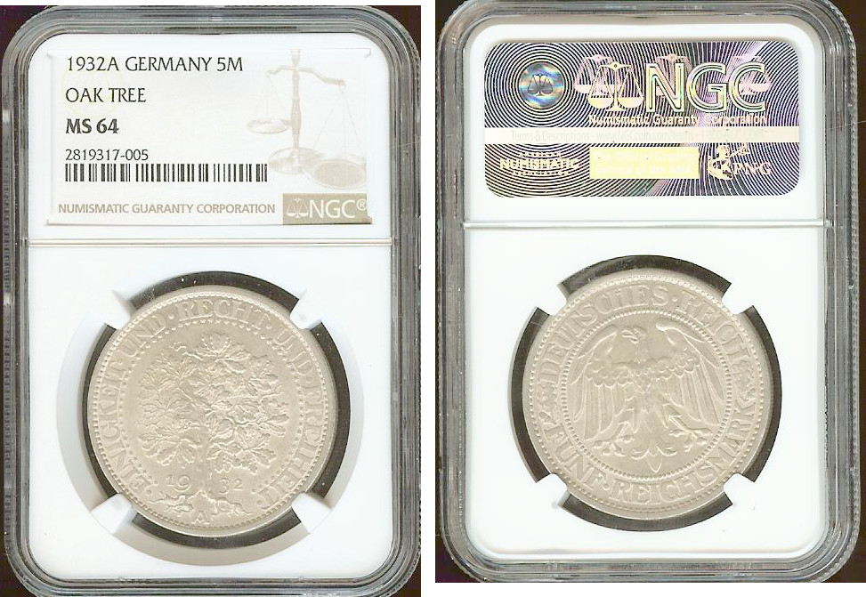 Germany 5 reichmarks 1932A NGC MS64